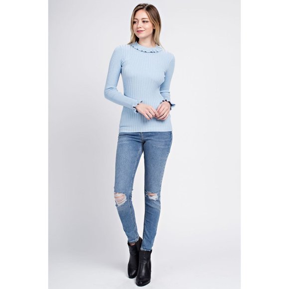 Boutique Sweaters - Women's Casual Ruffled Ribbed Turtle Neck Long Sleeve Sweater